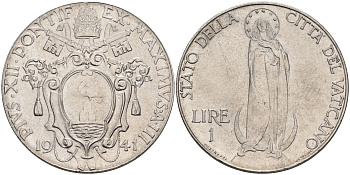 Ватикан 1 лира 1941 Пий XII, Дева Мария KM 26 a сталь UNC 63-757