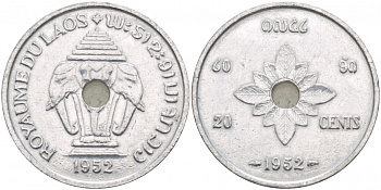 Лаос 20 центов 1952 король Сисаванг Вонг (1904-1959), слоны KM 5 алюминий 4545-446