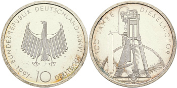 ФРГ 10 марок 1997 F, 100 лет дизельному двигателю KM 192 серебро UNC 11-183-35