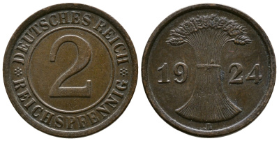 ГЕРМАНИЯ 2 РЕЙХСПФЕННИГА 1924 A KM 38, J. 314 бронза 93-726