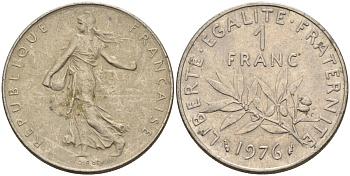 Франция 1 франк 1976 сеятель, тип Semeuse KM 925.1, Le Franc 226.21 никель 4116-1234