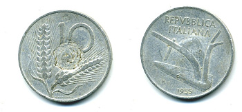 ИТАЛИЯ 10 ЛИР 1955 R, КОЛОСЬЯ, ПЛУГ KM 93 алюминий 23-1152