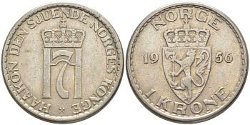 Норвегия 1 крона 1956 Хокон VII (1905-1957) KM 397 медно-никель 119-943