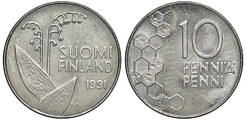 ФИНЛЯНДИЯ 10 ПЕННИ 1991 M, ЛАНДЫШ KM 65 медно-никель 3334-1161