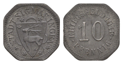 Зигмаринген 10 пфеннигов 1918 Funck 499.2, Men05 23481.2, Men18 29373.2 железо UNC 4448-416