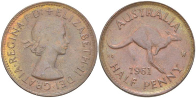 Австралия 1/2 пенни 1961 p, Елизавета II (1952-2022), кенгуру KM 61 бронза 4514-841