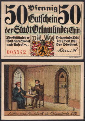 Германия, Орламюнде 50 пфеннигов 1921 Нотгельд P GrM:1025.1a-5/7 бумага 7556-4-3-2