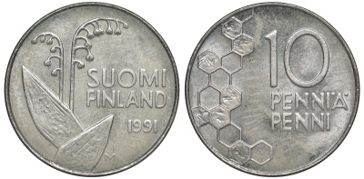 ФИНЛЯНДИЯ 10 ПЕННИ 1991 M, ЛАНДЫШ KM 65 медно-никель 3334-1161