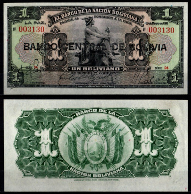 Боливия 1 боливиано 1911 (1929) Pick 112 (3) бумага 6280-17-1-2