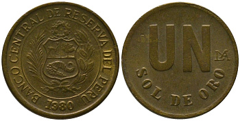 Перу 1 соль 1980 LIMA KM 266.2, Schon 71 латунь 4532-919
