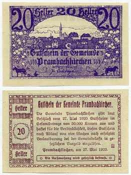 Австрия, Прамбахкирхен 20 геллеров 1920 27 мая 1920, нотгельд, ярмарочная коммуна в земле Верхняя Австрия   бумага  UNC (пресс) 7221-17-1-2