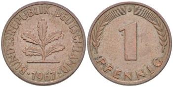 ФРГ 1 ПФЕННИГ 1967 J KM 105, J. 380 сталь плакированная медью 4181-545