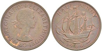 Великобритания 1/2 пенни 1966 Елизавета II (1952-2022) KM 896, Spink 4158 бронза 4544-151