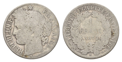Франция 1 франк 1872 A KM 822 серебро 4169-1242