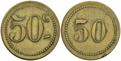 Франция 50 сантимов XIX-XX век ресторанный жетон латунь 4166-1313