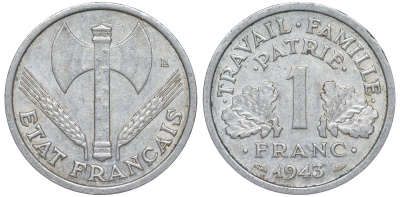 ФРАНЦИЯ 1 ФРАНК 1943 LB, ТИП LEGERE, ПРАВИТЕЛЬСТВО ВИШИ KM 902.1, LE FRANC 223.3 алюминий 45-735