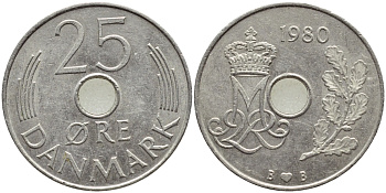 ДАНИЯ 25 ЭРЕ 1980 B; B, МАРГРЕТЕ II (1972-) KM 861.2 медно-никель 4397-222