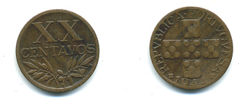 ПОРТУГАЛИЯ 20 СЕНТАВО 1944 KM 584 бронза 4383-233