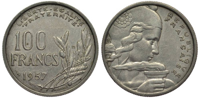 Франция 100 франков 1957 В, тип COCHET KM 919.1, Le Franc 450.11 медно-никель 27-811