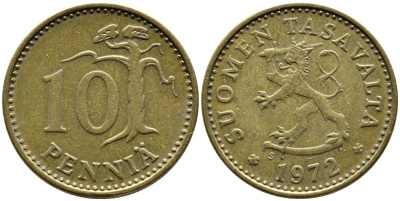 ФИНЛЯНДИЯ 10 ПЕННИ 1972 S KM 46 алюминиевая бронза 75-1668
