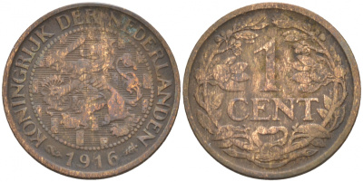 НИДЕРЛАНДЫ 1 ЦЕНТ 1916 ВИЛЬГЕЛЬМИНА KM 152 бронза 44-946