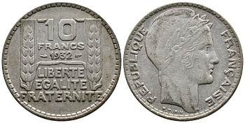 Франция 10 франков 1932 Пьер Тюрен KM 878, Le Franc 360.5 серебро 79-1533