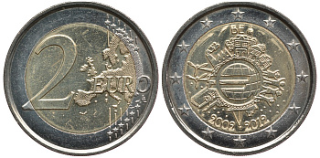 Бельгия 2 евро 2012 10 лет монетарной политике и наличному евро KM 315 биметалл 83-841