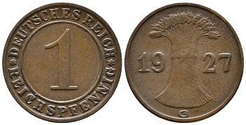 ГЕРМАНИЯ 1 РЕЙХСПФЕННИГ 1927 G KM 37, J. 313 бронза 39-942