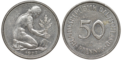 ФРГ 50 пфеннигов 1977 J женщина сажающая дуб KM 109.2 медно-никель 51-841