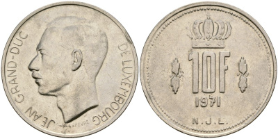 Люксембург 10 франков 1971 Великий герцог Жан (1964-2000) KM 57 никель 4120-1141