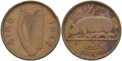 Ирландия 1/2 пенни 1942 свинья с поросятами KM 10 бронза 4146-537