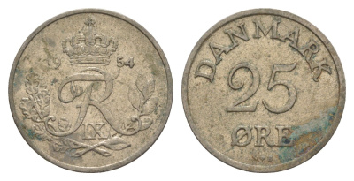 Дания 25 эре 1954 N; S, Фредерик IX (1947-1972) KM 842.1 медно-никель 4529-845