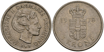 Дания 1 крона 1978 S; B, Маргрете II (1972-) KM 862.1 медно-никель 4176-524