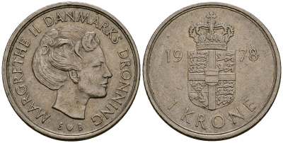 Дания 1 крона 1978 S; B, Маргрете II (1972-) KM 862.1 медно-никель 4176-524