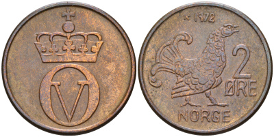 Норвегия 2 эре 1972 глухарь, Улаф V (1958-1991) KM 410  бронза    4143-231