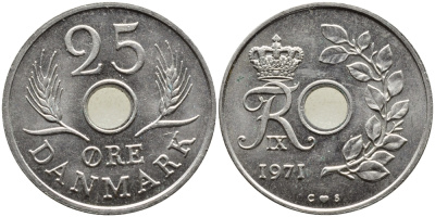 ДАНИЯ 25 ЭРЕ 1971 С; S, ФРЕДЕРИК IX (1947-1972) KM 855.1 медно-никель UNC 4391-1236