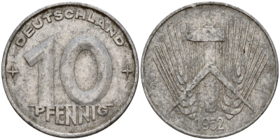 ГДР 10 пфеннигов 1952 A KM 7 алюминий 24-1222