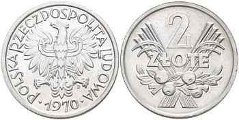 ПОЛЬША 2 ЗЛОТЫХ 1970 MW, РЕДКИЙ ГОД KM 46, Parchimowicz 216d алюминий UNC 4185-1035