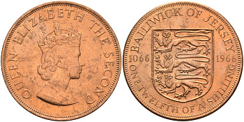 Джерси 1/12 шиллинга 1966 900 лет Нормандскому завоеванию KM 26 бронза UNC 4367-336