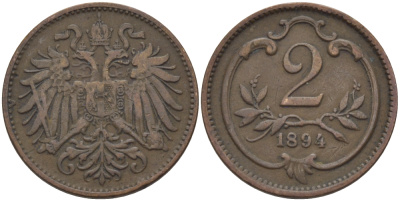 АВСТРИЯ 2 ГЕЛЛЕРА 1894 ФРАНЦ ИОСИФ (1846-1918) KM 2801 бронза 100-136