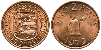 Гернси 2 пенса 1979 Елизавета II (1952-), мельница KM 28 бронза UNC M56-02
