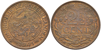 НИДЕРЛАНДЫ 2 1/2 ЦЕНТА 1941 ВИЛЬГЕЛЬМИНА KM 150 бронза 31-957