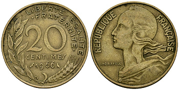 Франция 20 сантимов 1966 тип Marianne KM 930 медь алюминий никель 4135-555