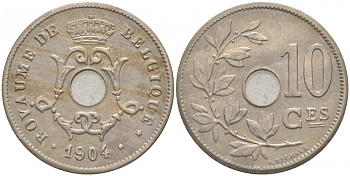 БЕЛЬГИЯ 10 САНТИМОВ 1904 BELGIQUE KM 52 медно-никель UNC 68-222