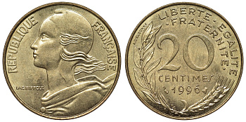 Франция 20 сантимов 1996 тип Marianne KM 930, Le Franc 156.40 медь алюминий никель 4128-237