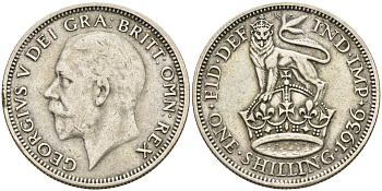 Великобритания 1 шиллинг 1936 Георг V (1910-1936) KM 833, Spink 4039 серебро    4595-913