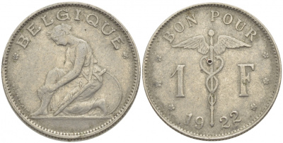 Бельгия 1 франк 1922 Belgique, Альберт I (1910-1934) KM 89 никель 259-935