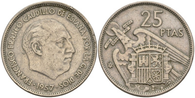 Испания 25 песет 1957 (58) Франсиско Франко (1939 - 1975) KM 787 медно-никель 4149-1021