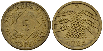 Германия 5 рейхспфеннигов 1924 A KM 39, J. 316 алюминиевая бронза 4602-267