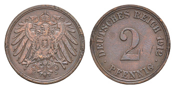 Германия 2 пфеннига 1912 A, Вильгельм II (1888-1918) KM 16, J. 11 медь 4647-853